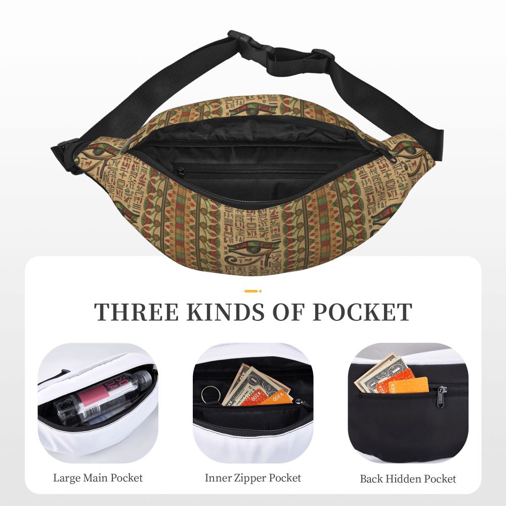 Ancient Gold Pharaoh Egypt King Tut Fanny Bag Custom Egyptian Hieroglyphic Sling Crossbody Waist Pack Hiking Phone Money Pouch