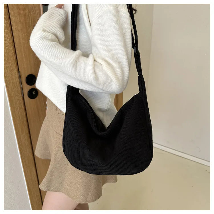 Black Corduroy Bags for Women Japanese Canvas Large Single Shoulder Crossbody Dumpling Bag Student Korean Casual Simple Handbag