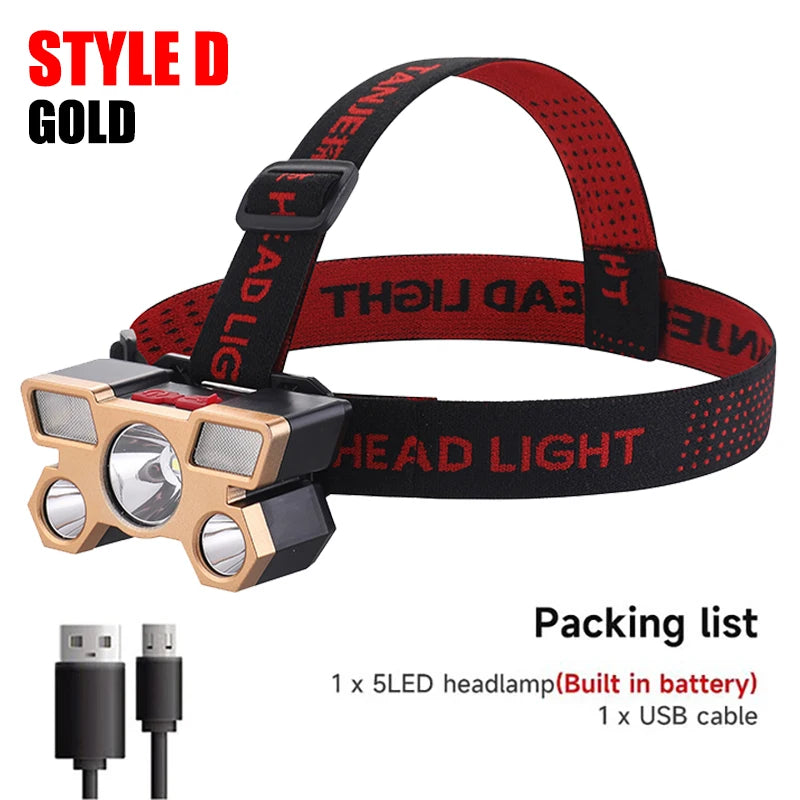 5 LED Headlamp Rechargeable with Built in 18650 Battery Strong Light Headlight Camping Adventure Fishing Head Light Flashlight