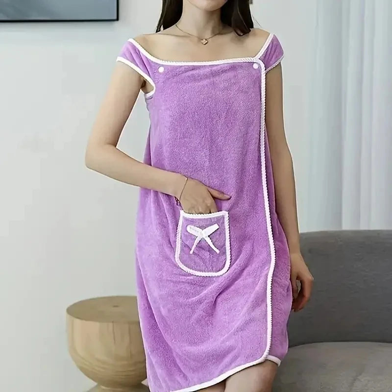 1pc Wearable Bath Towel, Cute Bow Soft Shower Skirt For Women,. Adjustable Bath Robe With Pocket For Home And Travel