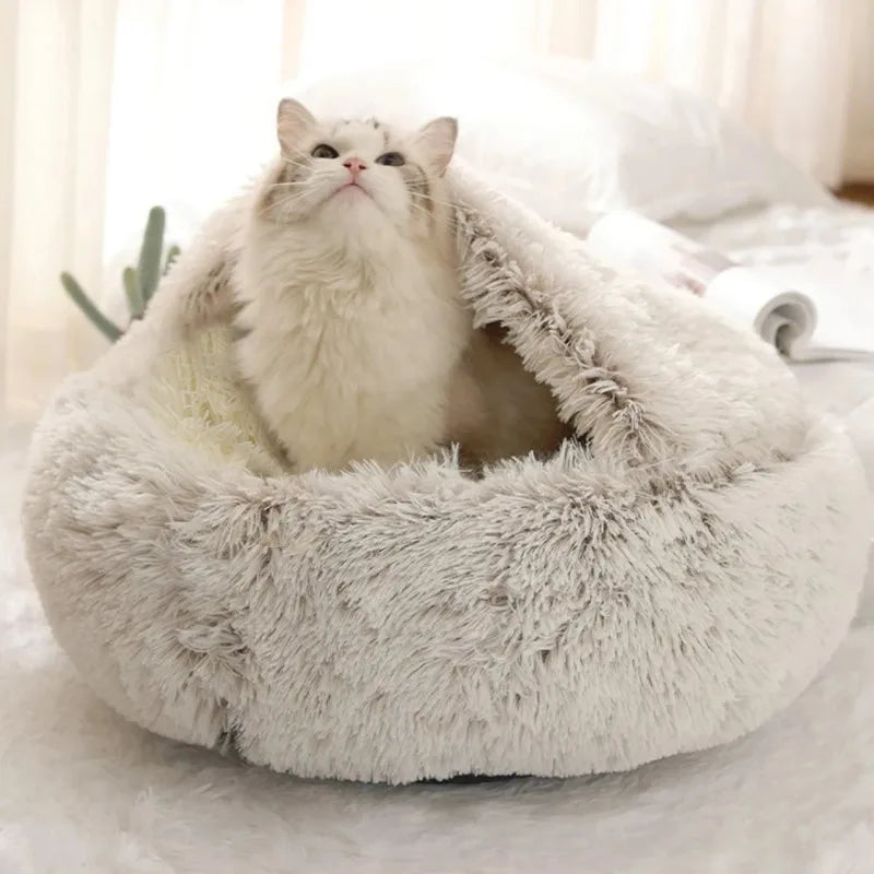 1PC Cat Beds Round Soft Plush Burrowing Cave Hooded Cat Bed Donut for Dogs Cats Comfortable Self Warming Dog Bed Pet Accessories