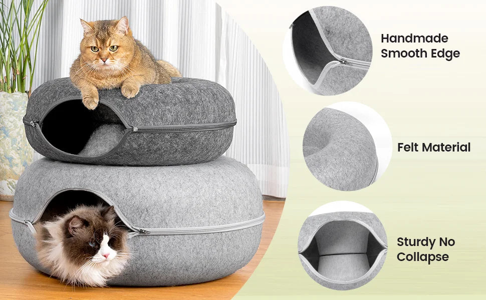 Cat Tunnel Peekaboo Cat Cave Bed for Indoor Cats Cat Donut Tunnel for Pet Cat House Cat Felt & Washable Interior Cat Play Tunnel