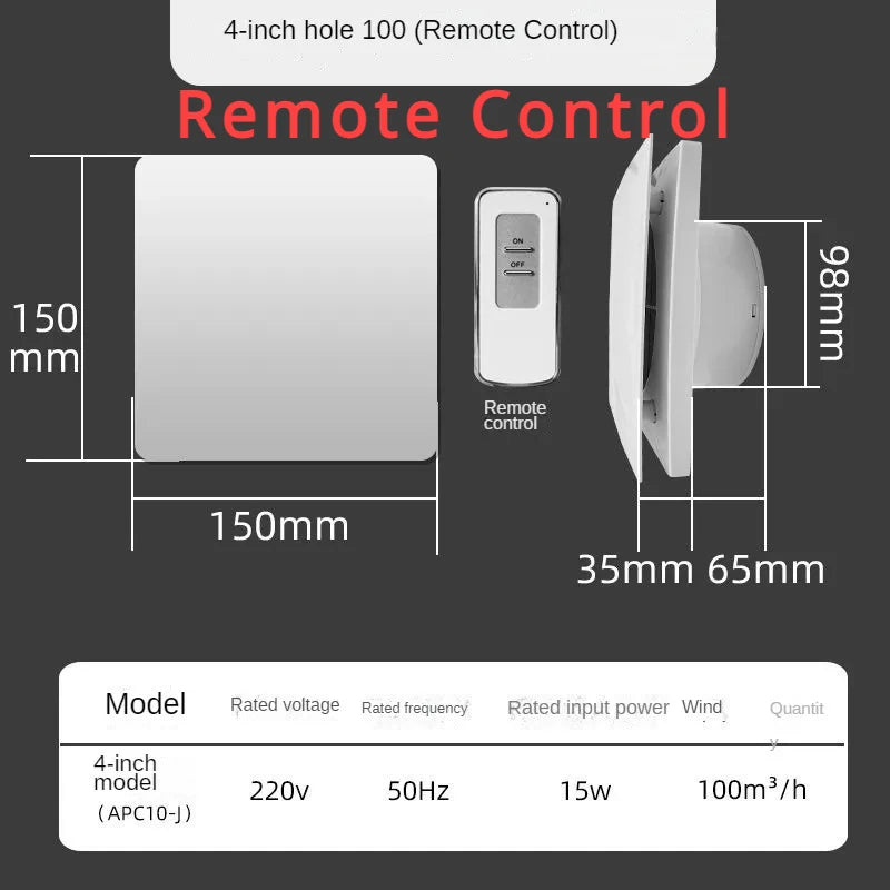 4 Inch High Speed Exhaust Fan Toilet Kitchen Bathroom Hanging Wall Window Ventilator Extractor with Remote Control