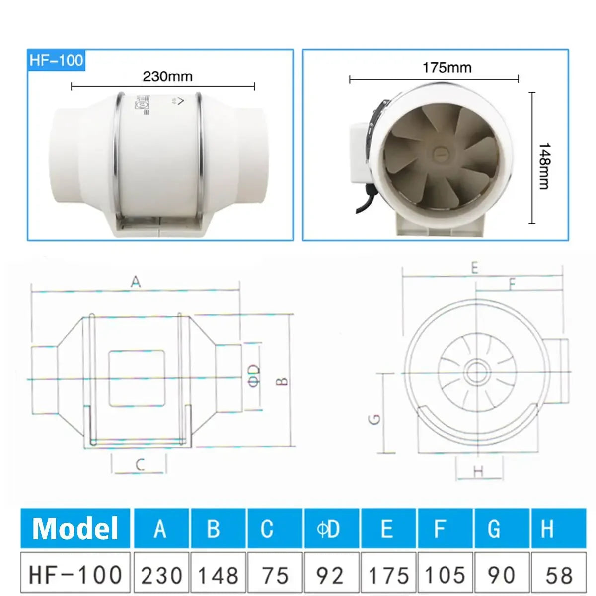 220V 4 Inch Low Noise Inline Duct Hydroponic Air Blower Fan Exhaust Fan for Home Bathroom Ventilation Grow Room