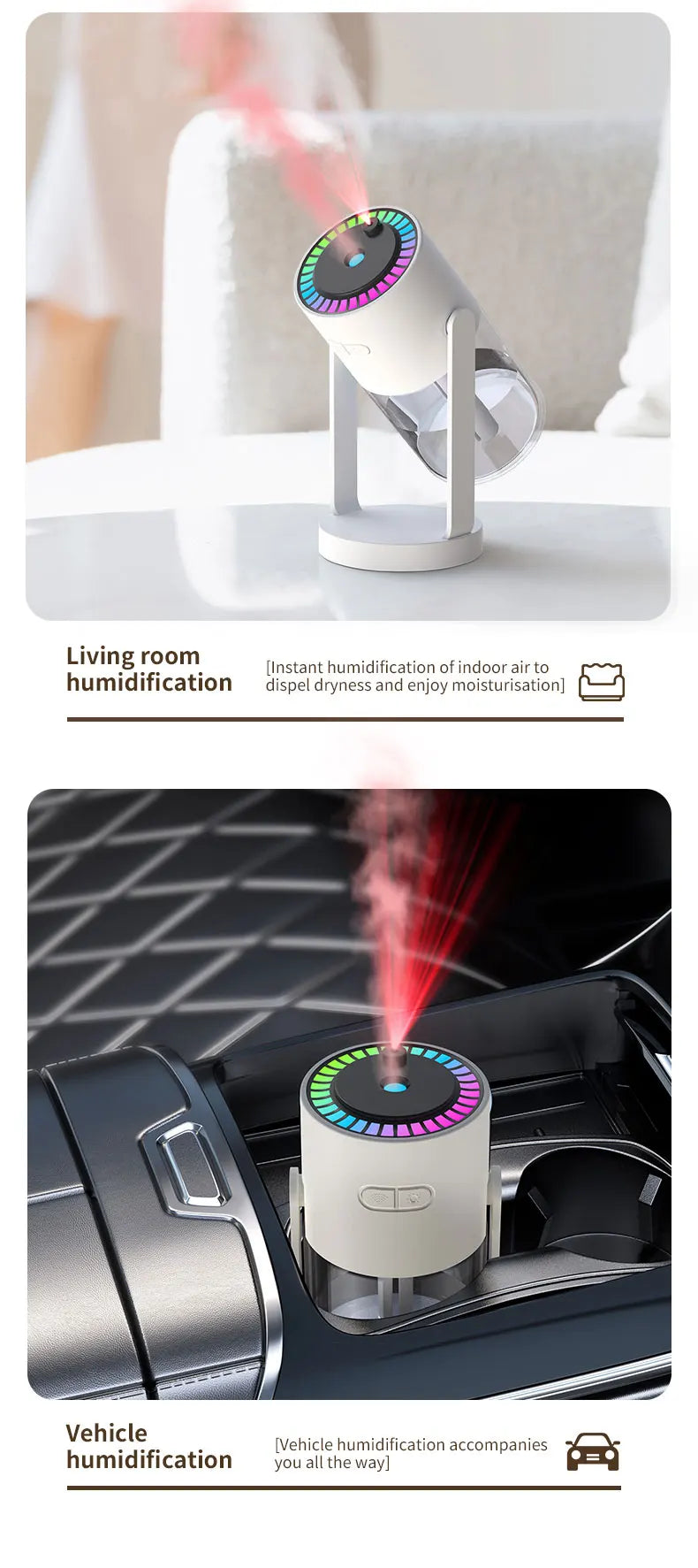 2024 New 280ML Portable Rotating Humidifier Car Diffuser Humidifier with With Projection Lights Colorful Marquee Ambient Light