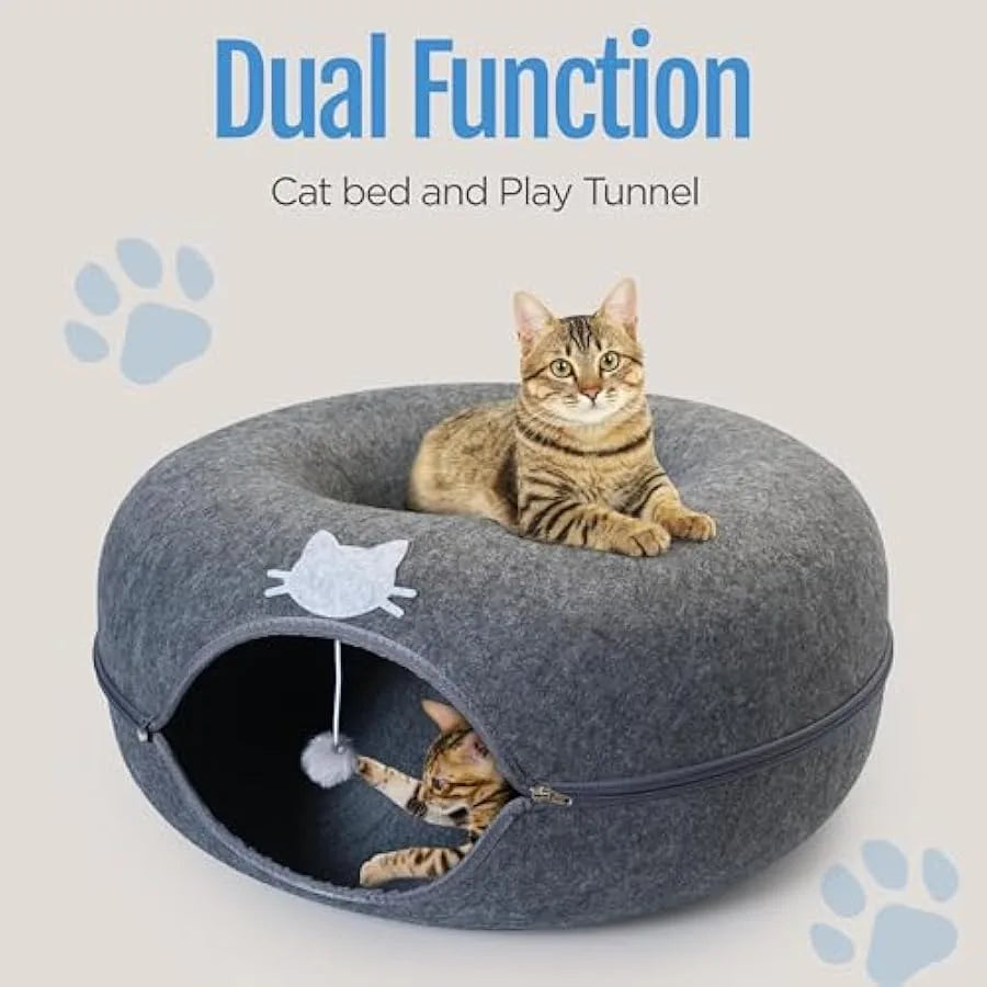 Cat Cave Donut Bed - Large Cat Tunnel Bed up to 30lbs - 3 Toy Balls and Hanging Ball Included - Detachable Cleanable Scratch Re