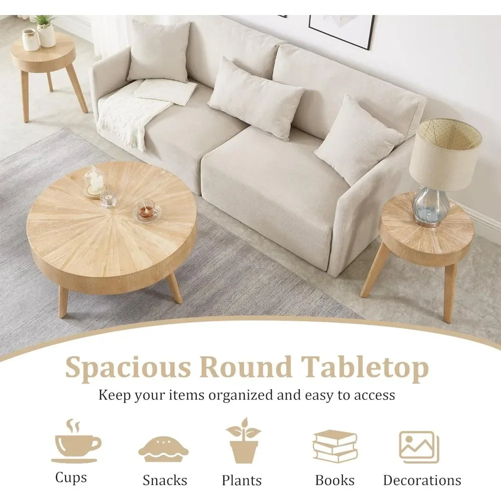 2-Piece Solid Wood Coffee Table Set, Rustic Round Farmhouse End Tables for Living Room, 31x31x16 in