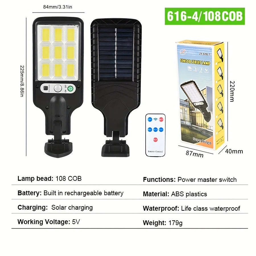 108 COB Sensor Street Lamp 3 Light Modes Outdoor Waterproof Security Solar Lamps for Garden Patio Path Remote Control Light