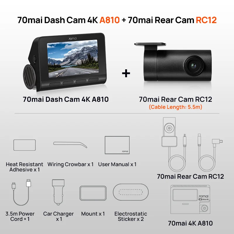 70mai Dash Cam A810 UHD 4K 150FOV GPS ADAS 24H Parking 4G Connectivity Car DVR 70mai 4G A810 HDR Dual-Channel Route Tracking