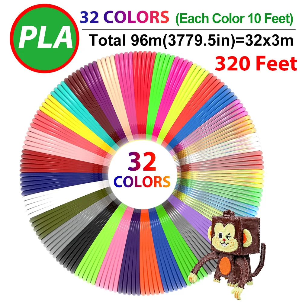 32 Colors 3D Pen Filament 1.75mm PLA, Each Color 10Feet(3m), Total 320 Feet (96m) 3D Pen Filament Refills, Random Color