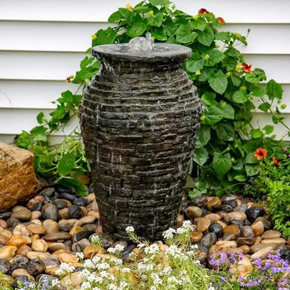 24" Stackable Urn Water Fountain Kit with AquaBasin 30 and Ultra 550 Pump Outdoor Fountain Slate Texture Fire Fountain Add-On