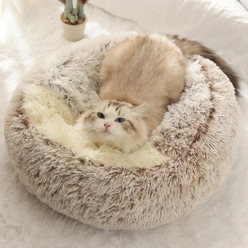 1PC Cat Beds Round Soft Plush Burrowing Cave Hooded Cat Bed Donut for Dogs Cats Comfortable Self Warming Dog Bed Pet Accessories