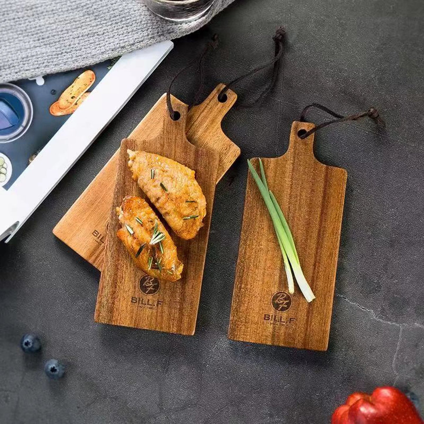 3-piece set of mini lovewood cutting board, wooden meat platter, paddle shaped cheese board, supply board