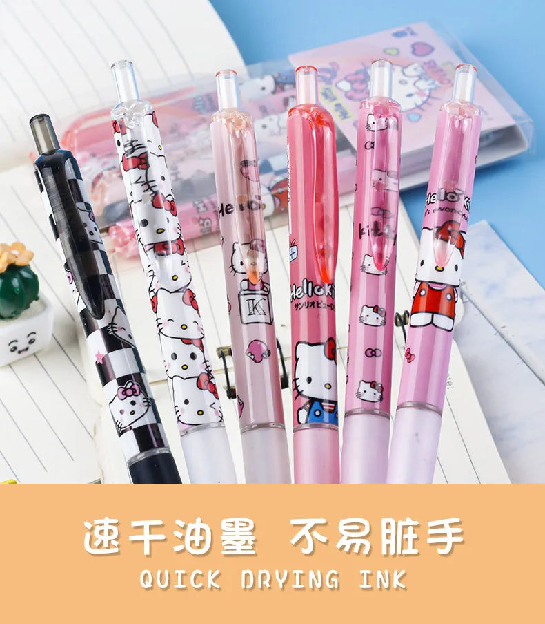 6Pcs Sanrio Gel Pen Hello Kitty Cartoon Kuromi ST Quick Drying Black 0.5mm Press The Ballpoint Pen Learning Stationery Gifts