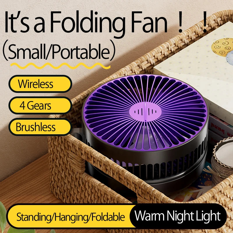 2024 New 5000mAh Rechargeable Table Fan Portable Air Conditioner Wall Mounted Fan 90° Folding Fan 4 Gears with Warm Night Light