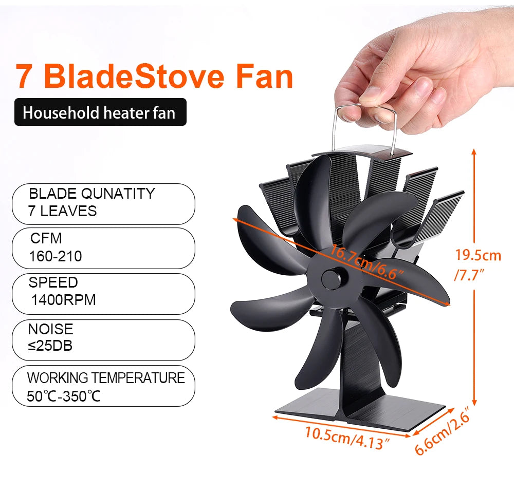 7 Blade Thermal Fireplace Fan Standing Classic Cordless Low Noise Home Ice Fishing Log Burner Aluminum Alloy Fan No Electricity