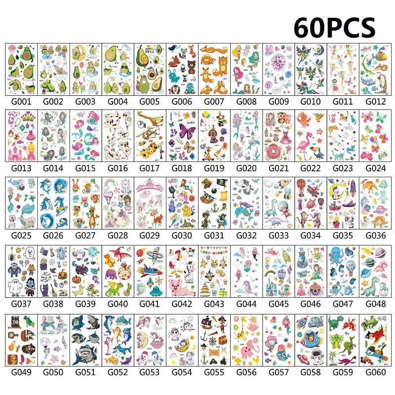 60PCS New Temporary Tattoo Sticker for Children Kids Waterproof Tattoos Festival Glitters Face Girls Boy Child Mini Fake Tattoo