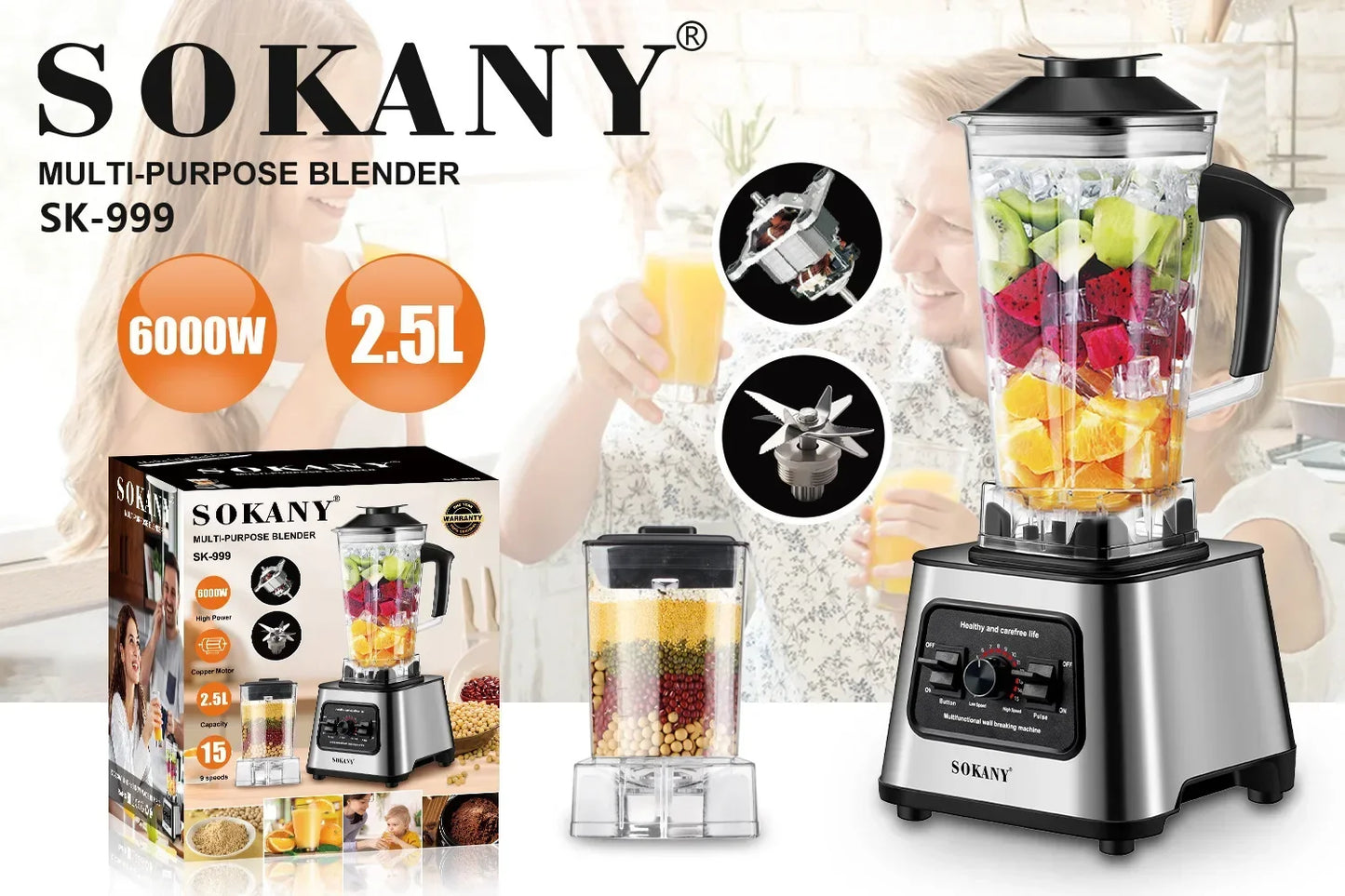 6000W Powerful Blender, Blender Smoothie Maker Table Blender with 2.5L Container, Professional Blender Mixer for Ice,Nut,Fruit