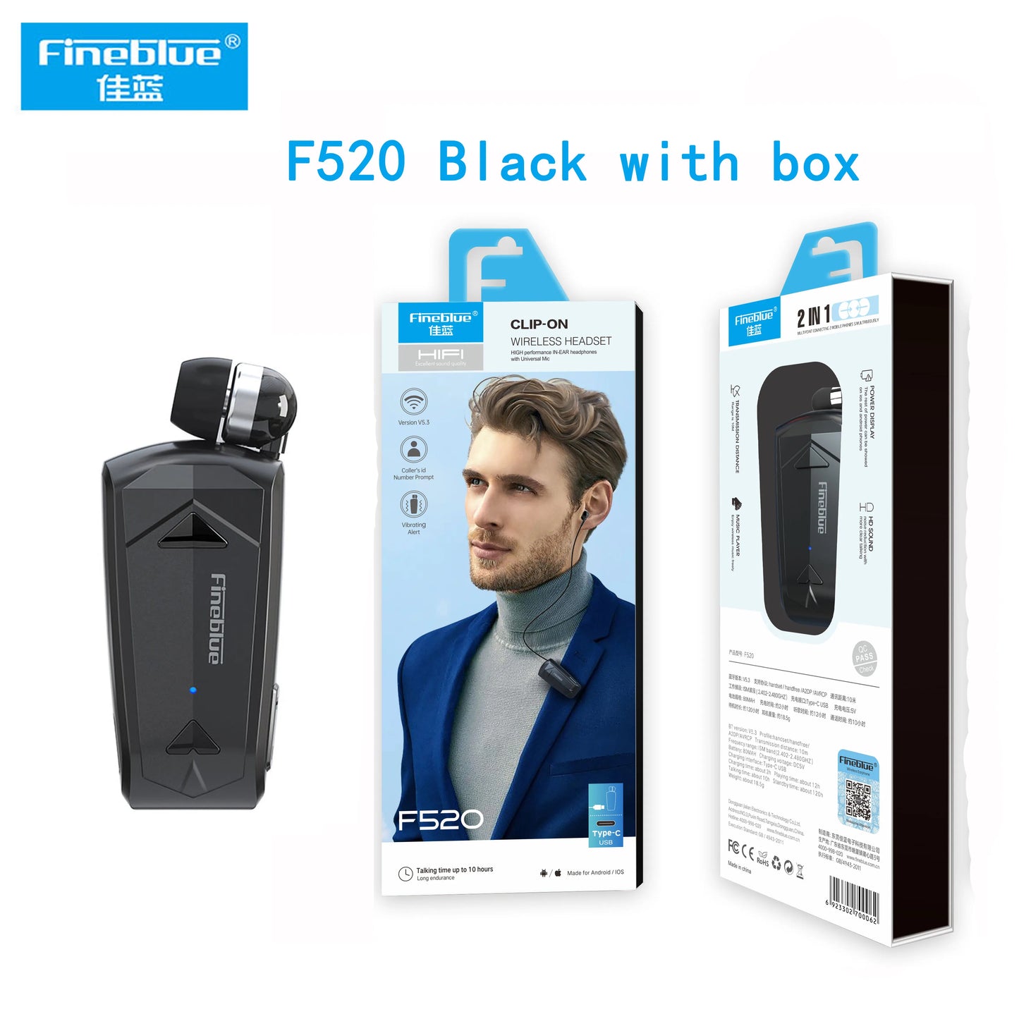 2022 Fineblue F520 Mini Wireless Earphone Bluetooth 5.3 Retractable Portable Headset Calls Remind Vibration Sport Run Headphone