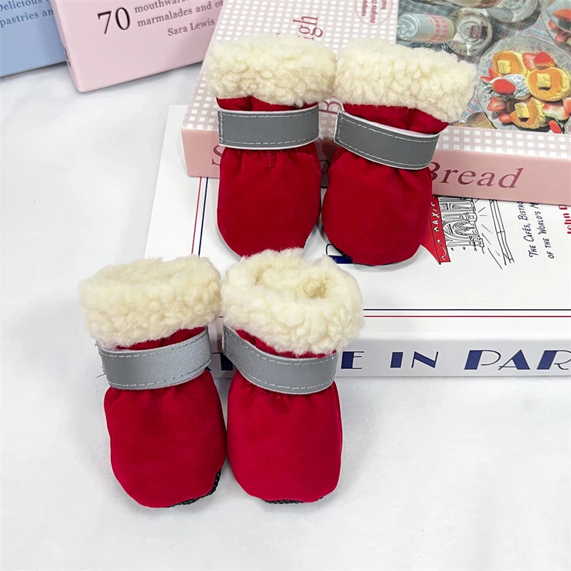 4Pcs/Lot Winter Thick Warm Dog Shoes Soft Plush Non-slip Waterproof Snow Boot Puppy Outdoor Walking Shoes Pet Accessories