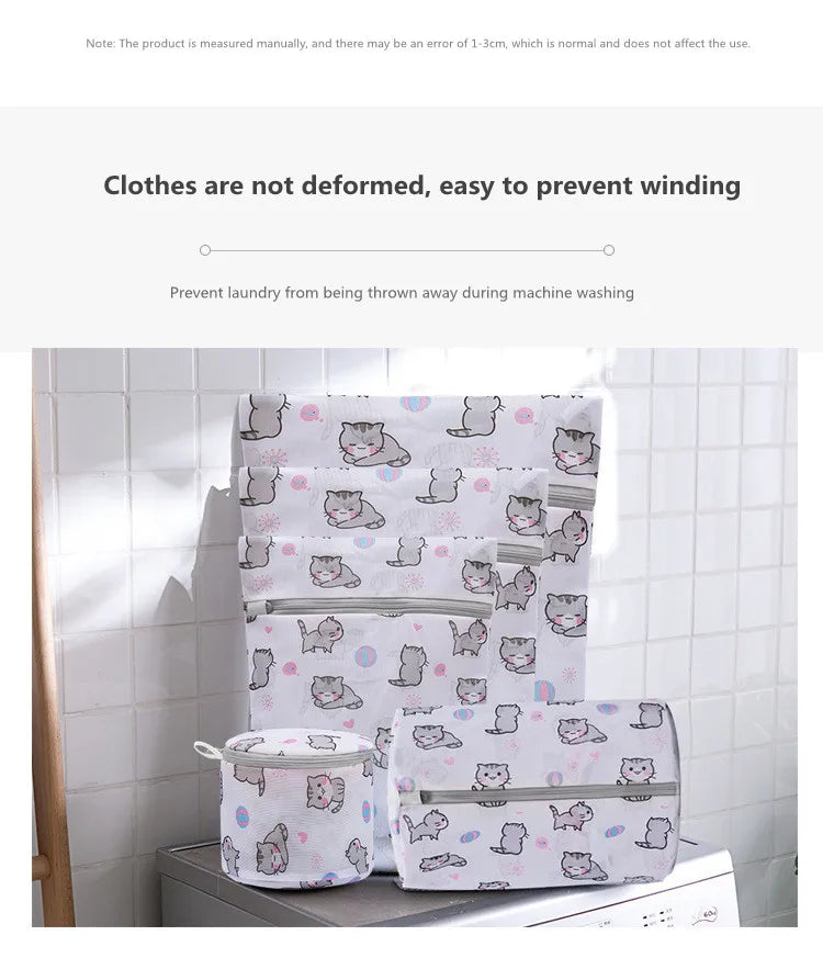 Cartoon Cat Printing Laundry Bag for Washing Machines Lingerie Wash Bags Foldable Dirty Clothes Bag Bra Underwear Laundry Basket