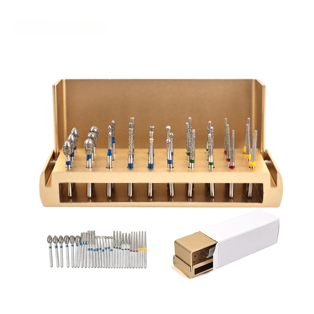 30Pcs/set Aluminium Dental Burs Kit with Holder Dental Diamond Burs for High Speed Handpiece Turbine + Burs Placement Box