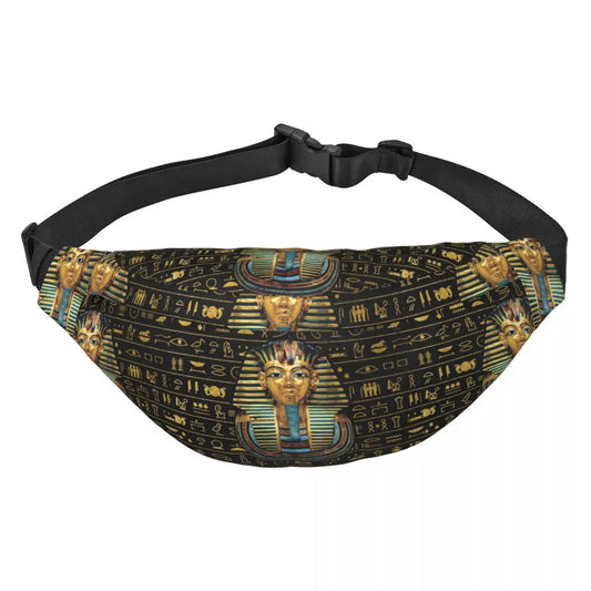 Ancient Gold Pharaoh Egypt King Tut Fanny Bag Custom Egyptian Hieroglyphic Sling Crossbody Waist Pack Hiking Phone Money Pouch