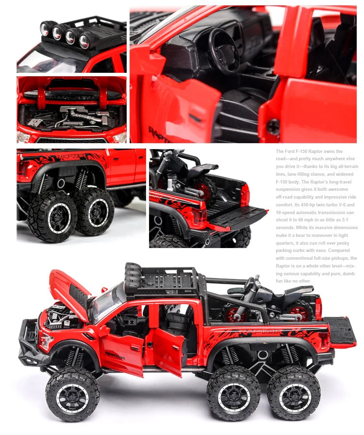 1:24 Pickup Trucks for Boys F150 Raptor Diecast Metal Model Car with Sound and Light for Kids Age 3 Year and up Blue