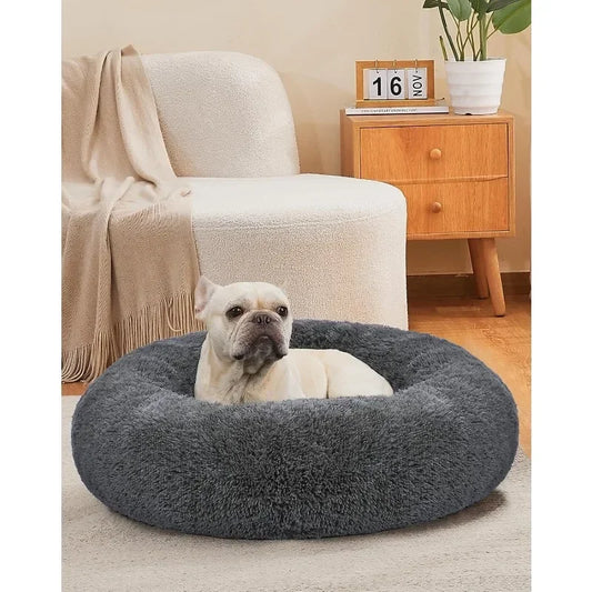 Calming Donut Dog & Cat Bed, Machine Washable Plush Waterproof Zipper Cover, Anti-Slip Round Cuddle Comfort Pet Cozy Warming