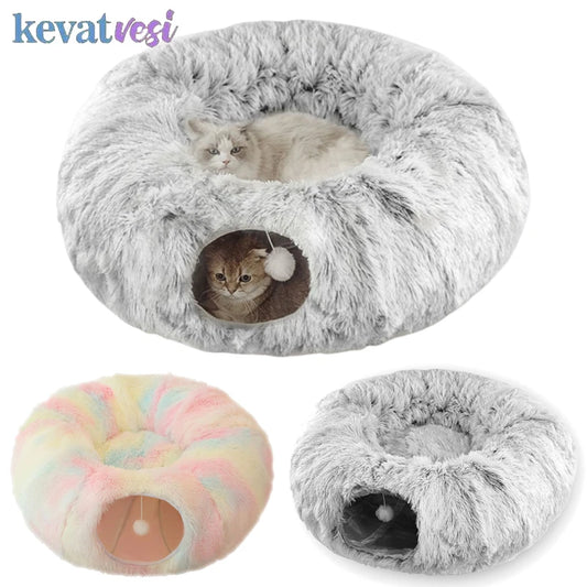 2 in 1 Cat Bed Winter Warm Cat Tunnel Toys Donut Kitten House Soft Plush Pet Sleeping Bed for Cats Comfortable Cat Nest