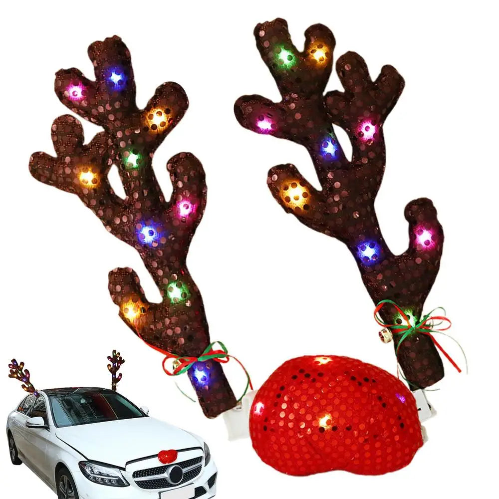 Car Antler Decoration Reindeer Christmas Decoration Kit with LED Light Up Car Truck Vehicle Costume Christmas Antler Deer Decor