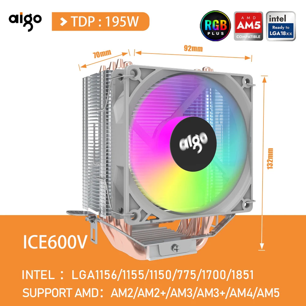 Aigo CPU Cooler 2 4 6 Heat Pipes PC Radiator Cooling 3PIN PWM Silent Rgb Fan For Intel  1700 1150 1155 1156 1366 AM2/AM3/AM4 AMD