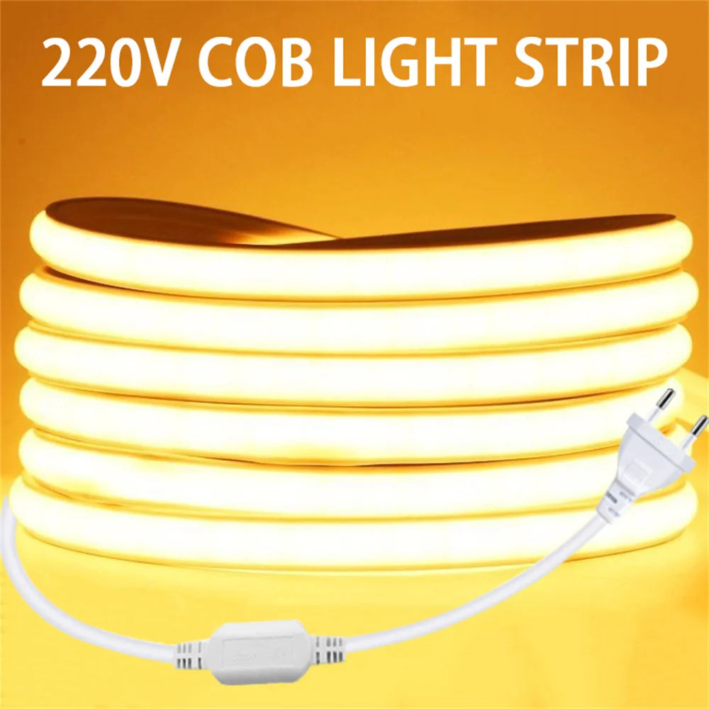 220v Led Ribbon Adhesive High Brightness COB Led Strip for Room Waterproof Led Strip Flexible Ribbon for Outdoor Garden Lighting