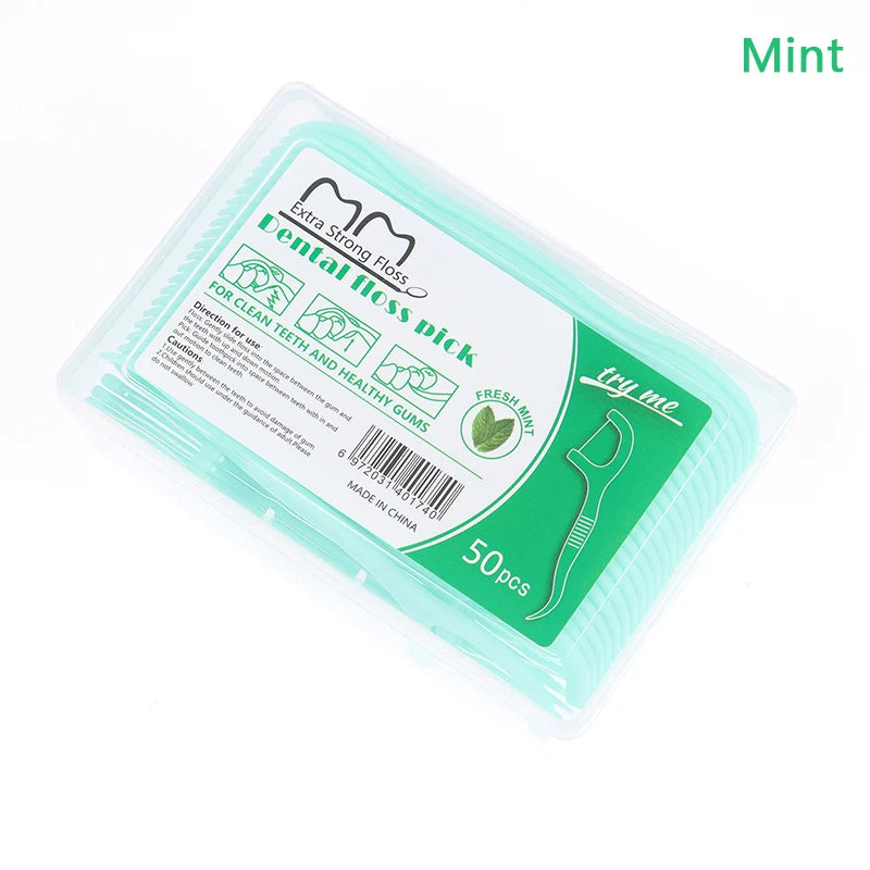 50Pcs/Box Floss Toothpick Set Colorful Fruit Flavor Dental Floss Stick Tooth Cleaning Dental Floss Pick Oral Hygiene Care