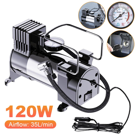 12V Car Tire Pump Cylinder Power System Mini Air Compressor Auto Inflatable Pump Heavy Duty Deluxe Portable Metal Air Compressor