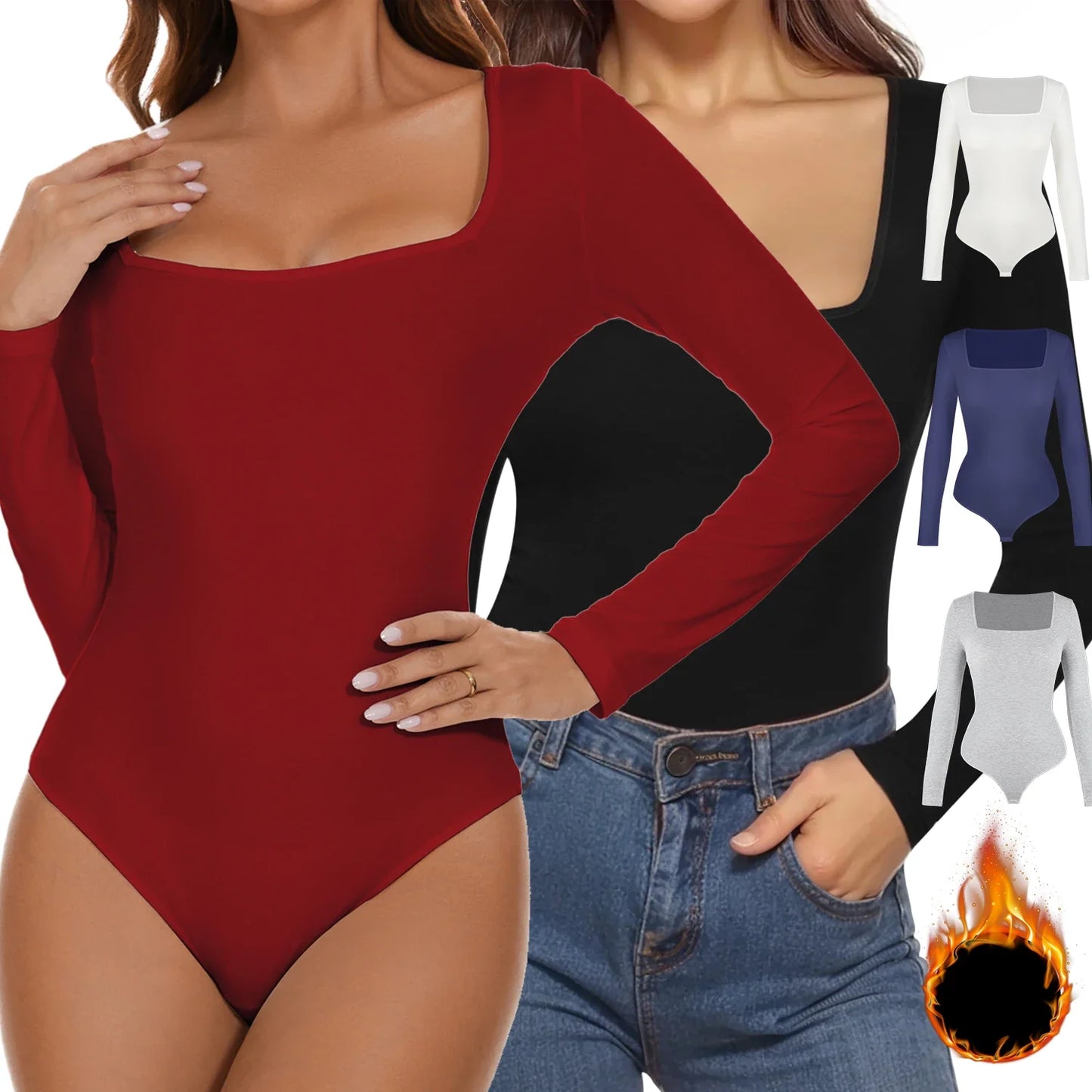 Autumn Square Neck Bodysuit Women's Long Sleeved Shapewear Tummy Control Body Shaper Lady Streetwear Female Warm Clothing Winter