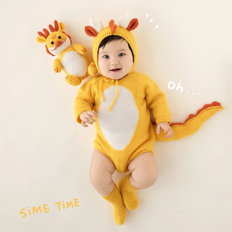 Baby Photography Clothes Lovely Knitted Dragon Outfit With Tail 3-5 Month Infant Photoshoot Props Sunflower Pillow Photo Prop