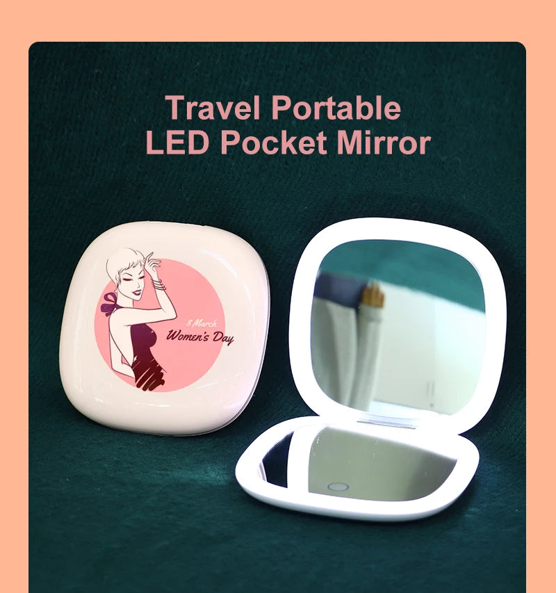 2 Face Sides Touch Compact Led 3 Colors Mini Foldable Cosmetic Charge Makeup Mirror With Light 5X Magnifying Small Pocket Travel