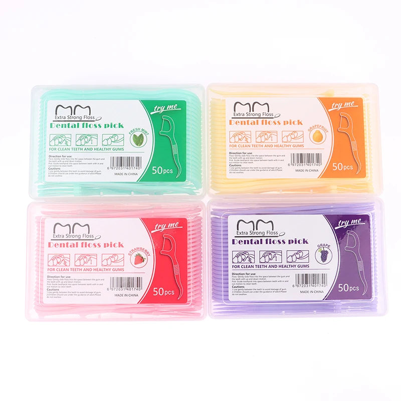 50Pcs/Box Floss Toothpick Set Colorful Fruit Flavor Dental Floss Stick Tooth Cleaning Dental Floss Pick Oral Hygiene Care