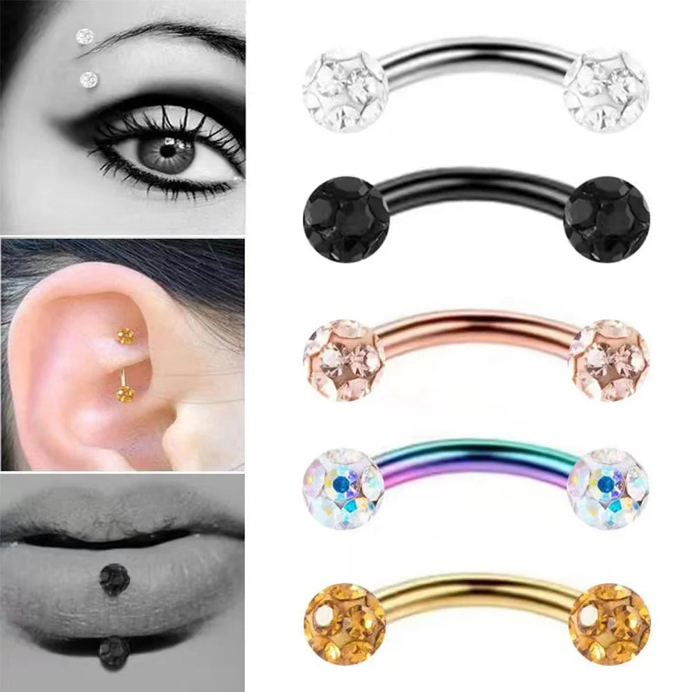 1PC Stainless Steel Crystal Eyebrow Piercing Stud Curved Barbell Zircon Banana Earring Lip Bar Daith Helix Unisex Body Jewelry