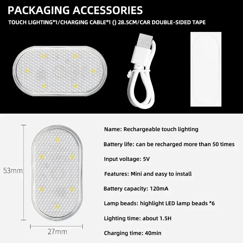 Car Interior Dome Light Finger Touch Sensor Mini LED Reading Lamp Car Roof Magnets USB Charging Atmosphere Lamp