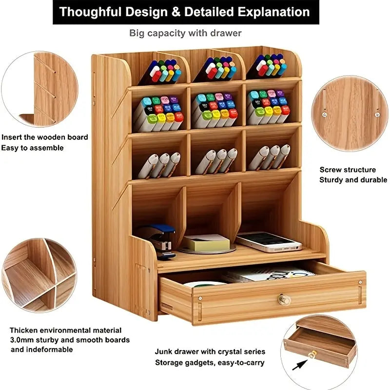 1pc Wooden Desk Organizer Multi-Functional DIY Pen Holder Storage Box Desktop Stationary Storage Rack for Home Office and School