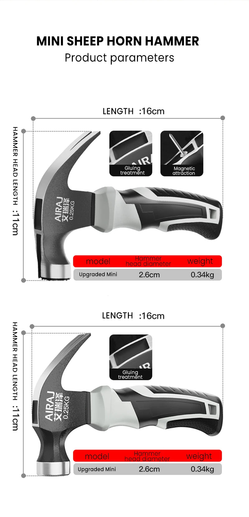 AIRAJ Multifunctional Mini Claw Hammer, Anti Slip And Shockproof Hammer, Professional Grade,Magnetic Woodworking Manual Tool