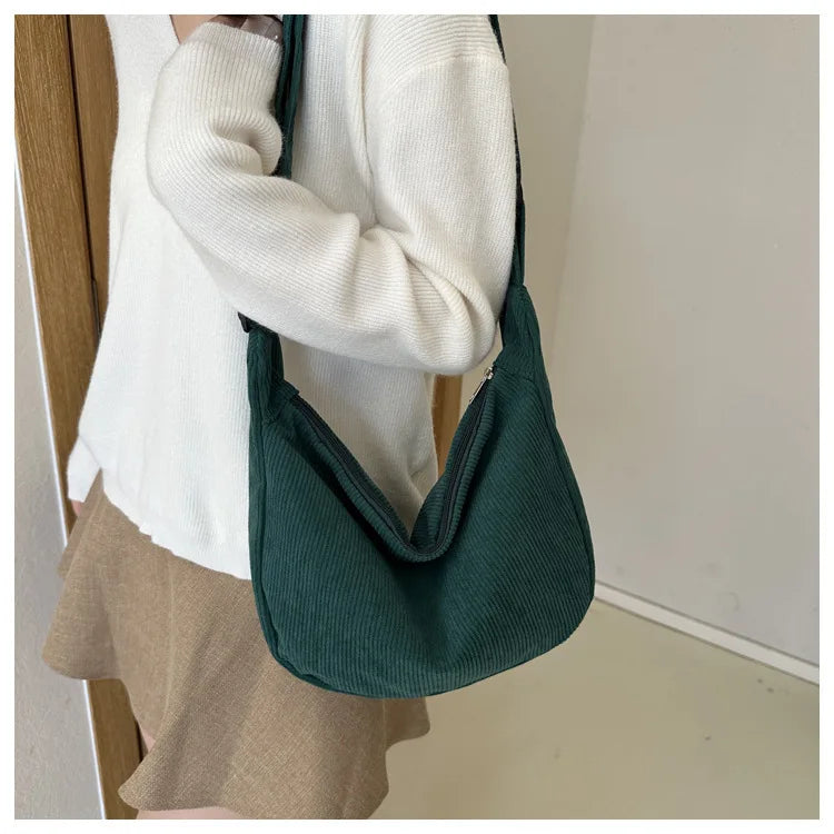 Black Corduroy Bags for Women Japanese Canvas Large Single Shoulder Crossbody Dumpling Bag Student Korean Casual Simple Handbag