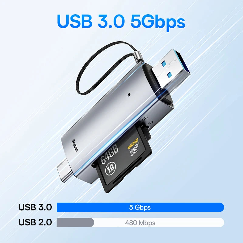 Baseus Card Reader USB C & USB3.0 to SD Micro SD TF Memory Card Device 104MB/s 2TB Smart Cardreader for Laptop Accessories