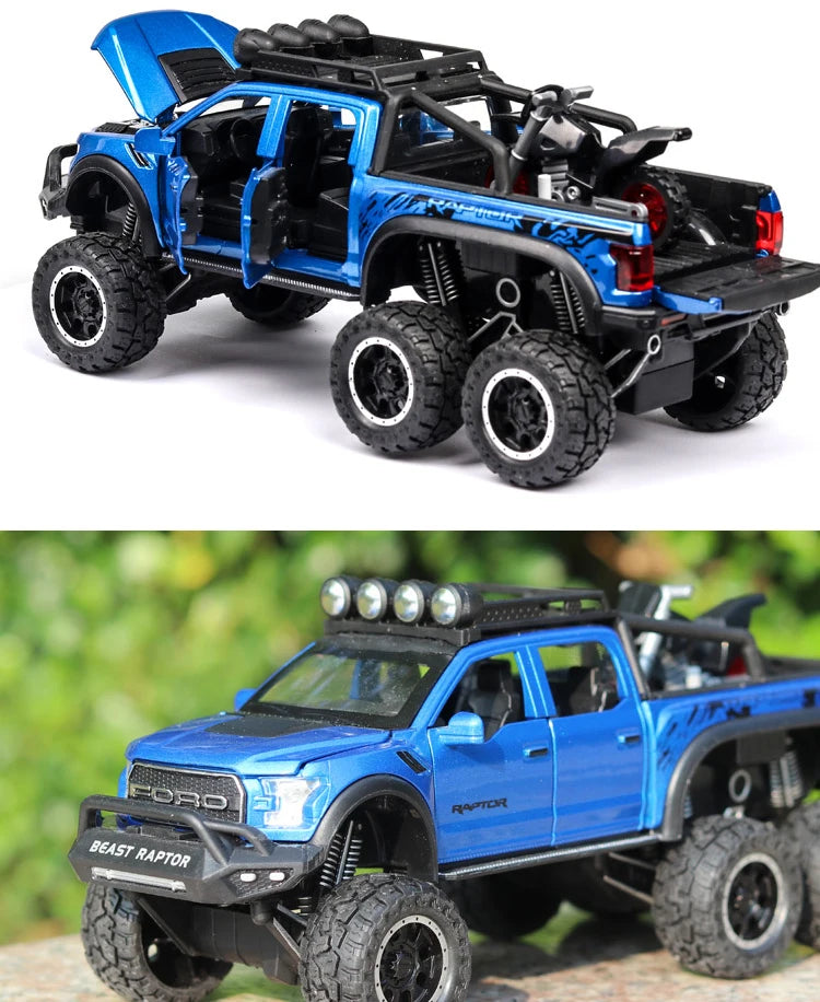 1:24 Pickup Trucks for Boys F150 Raptor Diecast Metal Model Car with Sound and Light for Kids Age 3 Year and up Blue