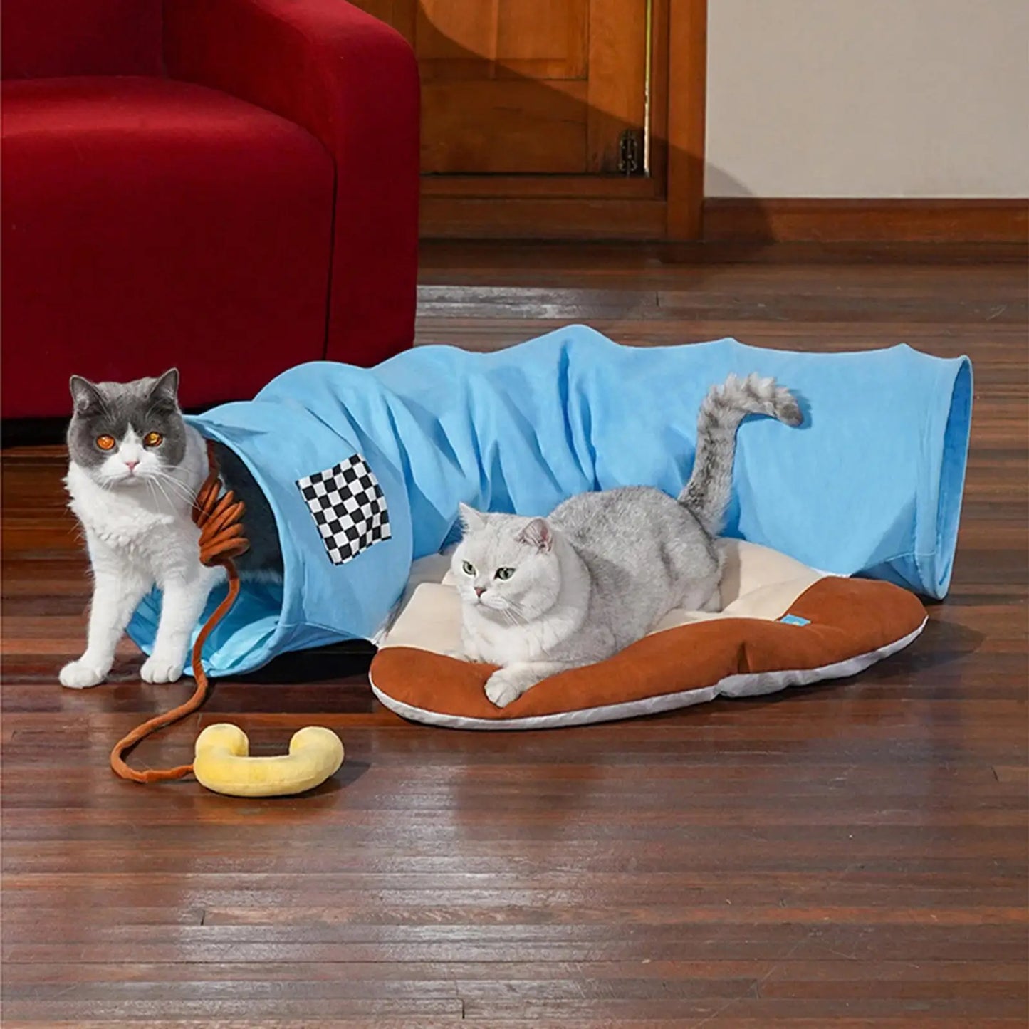 Cat Tunnel and Bed Toy Set Interactive Play Center Exercise with Removable Mat for Bunny Ferrets Indoor Outdoor Hamster