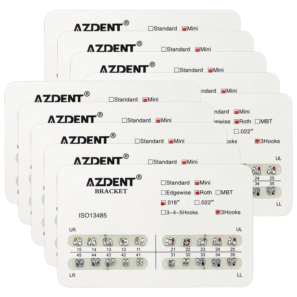 AZDENT 10Packs Dental Brackets Orthodontic Brace Metal Mini Standard Roth MBT Slot 0.022 0.018 Hooks 3-4-5 20pcs per Pack