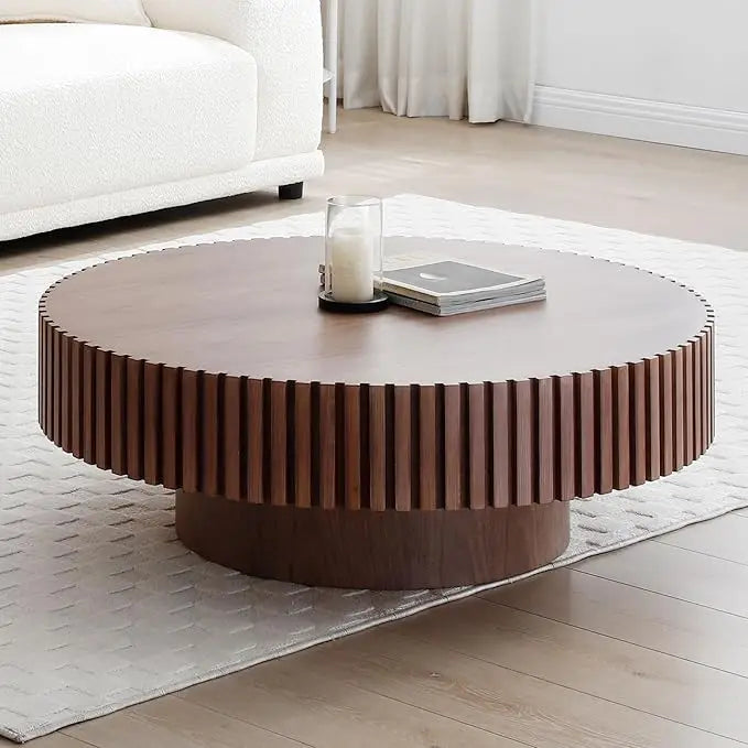 39.37'' Round Coffee Table Modern Wood Coffee Table for Living Room, Contemporary Circle Fluted Drum Coffee Table, No Assembly