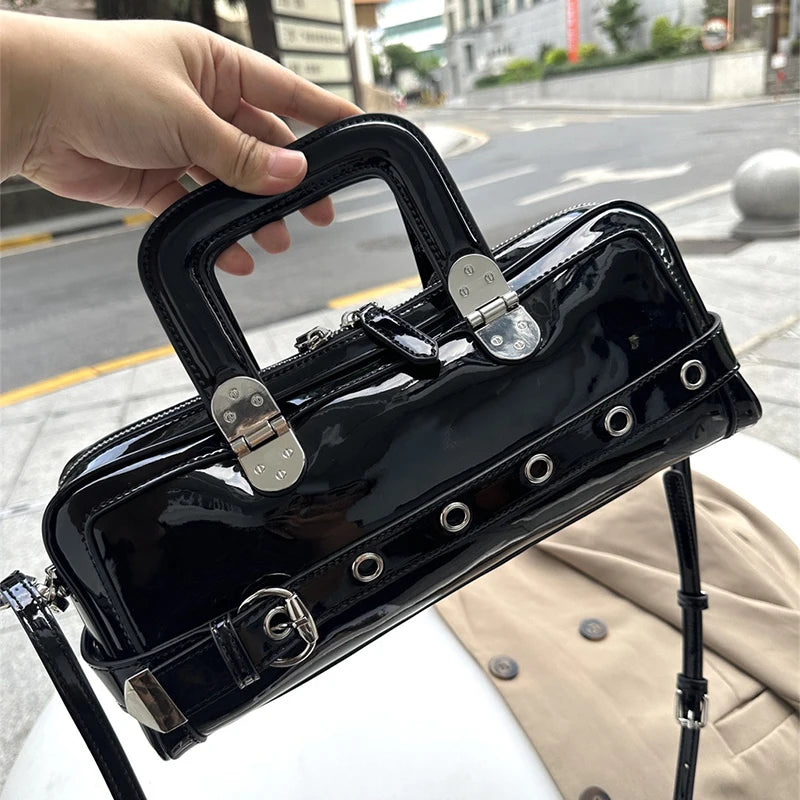 Black Patent Leather Handbag, Fashion Belt Buckle Crossbody Bag Silver Hardware Accessories Square Motorcycle Bag For Cool Girl